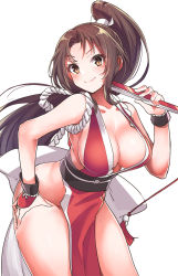Rule 34 | 1girl, breasts, brown eyes, brown hair, cleavage, closed mouth, collarbone, fatal fury, folded fan, folding fan, hand fan, hand on own hip, highres, japanese clothes, konnyaku (kk-monmon), large breasts, long hair, looking at viewer, ninja, no bra, no panties, pelvic curtain, ponytail, revealing clothes, shiranui mai, simple background, smile, solo, standing, the king of fighters, white background, wide hips
