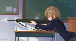 Rule 34 | 1girl, absurdres, aiming, battle rifle, black skirt, blue jacket, breasts, brown eyes, brown hair, bulletin board, chalkboard, chinese commentary, commentary request, desk, from side, gun, h&amp;k g3, highres, jacket, medium breasts, original, plaid, plaid skirt, pleated skirt, podium, rifle, school desk, school uniform, shell casing, signature, skirt, smoke, solo, upper body, weapon, youotaku