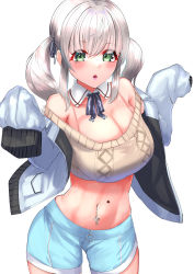 Rule 34 | 1girl, :o, absurdres, amemiya arikapu, bare shoulders, beige sweater, blue ribbon, blue shorts, blush, bra strap, breasts, cleavage, commentary request, cowboy shot, cropped sweater, cross piercing, detached collar, green eyes, groin, hair between eyes, hands up, highres, jacket, large breasts, long hair, looking at viewer, midriff, mole, mole on stomach, mole under eye, navel, navel piercing, neck ribbon, off shoulder, original, piercing, ribbon, short shorts, shorts, sidelocks, silver hair, simple background, sleeves past fingers, sleeves past wrists, solo, standing, twintails, white background, white jacket