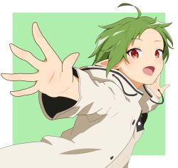Rule 34 | 1girl, :d, absurdres, ahoge, elf, green hair, highres, hood, hooded jacket, jacket, looking at viewer, mitos andersen, mushoku tensei, open mouth, orange eyes, outstretched arms, pointy ears, ponytail, shirt, short hair, smile, solo, sylphiette (mushoku tensei), white jacket, white shirt