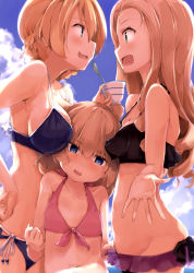 Rule 34 | 10s, 3girls, :d, absurdres, bikini, blonde hair, blue bikini, blue eyes, blue sky, blush, braid, breast envy, breasts, clara (girls und panzer), cloud, cloudy sky, collarbone, commentary request, cup, darjeeling (girls und panzer), day, flat chest, from side, front-tie top, girl sandwich, girls und panzer, green eyes, groin, height difference, highres, holding, holding cup, katyusha (girls und panzer), large breasts, light brown hair, lowleg, lowleg bikini, marie (girls und panzer), medium breasts, medium hair, multiple girls, navel, open mouth, outdoors, outstretched hand, parted bangs, profile, sandwiched, short hair, shuiro (frog-16), side-tie bikini bottom, sky, small breasts, smile, swimsuit, teacup, tears