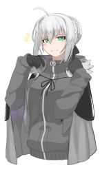 Rule 34 | 1girl, blush, buffy (risottosf), embarrassed, fate/grand order, fate (series), gloves, gray (fate), green eyes, grey hair, highres, looking at viewer, lord el-melloi ii case files, short hair