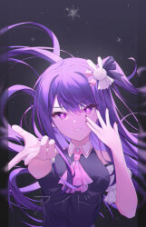 Rule 34 | 1girl, ascot, bare shoulders, commentary request, detached sleeves, dress, hair ornament, highres, hoshino ai (oshi no ko), idol, infinity (kkx132), long hair, nail polish, oshi no ko, parted lips, partial commentary, pink ascot, purple dress, purple eyes, purple hair, rabbit hair ornament, side ponytail, solo, star-shaped pupils, star (symbol), symbol-shaped pupils, translated