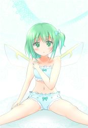 Rule 34 | 1girl, bad id, bad pixiv id, blush, bow, cinderella bust, daiyousei, fairy wings, green eyes, green hair, hair bow, heart, heart-shaped pupils, highres, matching hair/eyes, mickeysmith, navel, side ponytail, sitting, solo, symbol-shaped pupils, touhou, underwear, underwear only, wings