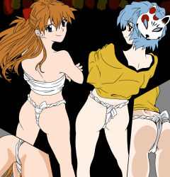 2girls ayanami_rei bare_legs black_background blue_eyes blue_hair blush breasts brown_hair crossed_arms eywy4324 floating_hair fundoshi highres japanese_clothes legs_apart long_hair looking_at_viewer looking_back multiple_girls neon_genesis_evangelion open_clothes open_vest outdoors red_eyes revealing_clothes shirt short_hair skindentation small_breasts smile souryuu_asuka_langley standing vest white_shirt wide_hips