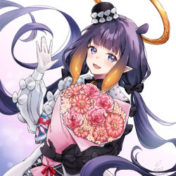 Rule 34 | 1girl, :3, :d, asymmetrical gloves, black gloves, black hair, black hat, blue eyes, blunt bangs, blush, bouquet, coat, fang, flower, gloves, gradient hair, hat, hibi (hibi 1516), holding, holding bouquet, hololive, hololive english, long hair, looking at viewer, low twintails, mini hat, mismatched gloves, multicolored coat, multicolored hair, ninomae ina&#039;nis, ninomae ina&#039;nis (party dress), official alternate costume, official alternate hairstyle, open mouth, orange hair, pointy ears, purple hair, sidelocks, smile, solo, tentacle hair, tilted headwear, twintails, two-tone coat, very long hair, virtual youtuber, waving, white gloves