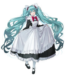 Rule 34 | 1girl, absurdres, alternate costume, apron, blue eyes, blue hair, blush, bow, center frills, dress, enmaided, frilled apron, frills, full body, hair ornament, hatsune miku, highres, lessa, long dress, long hair, long sleeves, looking at viewer, maid, open mouth, pantyhose, skirt hold, sleeve cuffs, smile, solo, twintails, very long hair, vocaloid