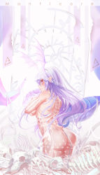 Rule 34 | 1girl, arknights, ass, back, blush, bone, bouquet, breasts, dress, elbow gloves, female focus, flower, gloves, head wings, highres, light smile, long hair, looking at viewer, manticore (arknights), pointy ears, purple eyes, purple hair, saber 01, see-through, solo, thighhighs, veil, white thighhighs, wings