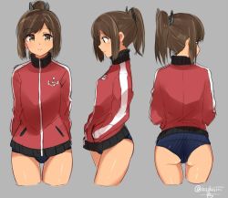 Rule 34 | 10s, 1girl, arms behind back, ass, brown eyes, brown hair, character sheet, cropped legs, hands in pockets, i-401 (kancolle), isshiki (ffmania7), jacket, kantai collection, looking at viewer, looking back, multiple views, ponytail, profile, school swimsuit, simple background, sketch, smile, swimsuit, swimsuit under clothes, thighs, track jacket, turnaround, twitter username