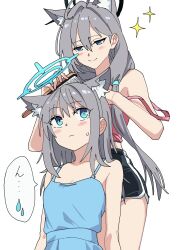 2girls ahoge animal_ear_fluff animal_ears bare_shoulders black_halo black_shorts blue_archive blue_dress blue_eyes blue_halo blush brushing_another&#039;s_hair brushing_hair clone closed_mouth dolphin_shorts dress extra_ears grey_hair hair_between_eyes hair_brush half-closed_eyes halo highres long_hair looking_at_another looking_to_the_side momomatang multiple_girls pink_shirt shiroko_(blue_archive) shiroko_terror_(blue_archive) shirt short_shorts shorts simple_background sleeveless sleeveless_shirt smile sparkle speech_bubble spoken_sweatdrop standing strap_slip sundress sweatdrop very_long_hair white_background wolf_ears