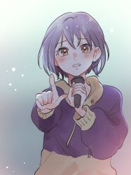 Rule 34 | 1girl, bang dream!, bang dream! it&#039;s mygo!!!!!, blue hoodie, blush, commentary request, drawstring, gradient background, grey background, grey hair, highres, holding, holding microphone, hood, hoodie, horns, long sleeves, looking at viewer, microphone, mitsui michiko, parted lips, pointing, pointing at viewer, red eyes, short hair, solo, takamatsu tomori, two-tone hoodie, upper body, yellow horns