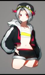 Rule 34 | 1girl, absurdres, black headwear, black jacket, black shorts, closed mouth, cowboy shot, cropped legs, flat chest, grey background, grey hair, hand on own hip, highres, jacket, looking at viewer, navel, niwamaru, niwarhythm, open clothes, open jacket, original, red eyes, short hair, short shorts, shorts, simple background, solo, stomach