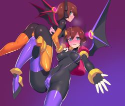Rule 34 | aile (mega man zx), ass, blush, bodystocking, bodysuit, breasts, brown hair, cameltoe, covered erect nipples, covered navel, dual persona, heart, heart-shaped pupils, high heels, highres, looking at viewer, mega man (series), mega man zx, mega man zx advent, open mouth, pasties, protected link, pussy juice, pussy juice drip, pussy juice drip through clothes, robot ears, selfcest, short hair, skin tight, smile, spandex, spread legs, symbol-shaped pupils, ukimukai, yuri