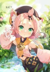 Rule 34 | 1girl, animal ear fluff, animal ears, backlighting, bangs pinned back, beret, blue shorts, blush, breasts, bridal gauntlets, cat ears, cat girl, cat tail, commentary request, detached sleeves, diona (genshin impact), facial mark, forehead mark, genshin impact, gloves, green eyes, hat, highres, looking at viewer, navel, orange scarf, paw print palms, pink hair, pouch, puffy sleeves, scarf, shirt, short eyebrows, short hair, shorts, sleeveless, sleeveless shirt, small breasts, solo, speech bubble, sunrise929, tail, translation request, wading, water, white shirt
