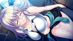 Rule 34 | 1boy, 1girl, blush, breasts, censored, cleavage, clothes around waist, clothes lift, cum, cum in pussy, cum on body, cum on lower body, cumdrip, closed eyes, game cg, glasses, grey hair, hetero, highres, huge breasts, in vitro shoujo, legs, long hair, midriff, mosaic censoring, no panties, pussy, sex, skirt, skirt lift, sleeveless, solo focus, standing, sweat, tadano akira, thighs, vaginal