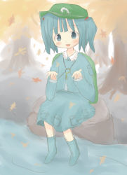 Rule 34 | 1girl, :o, backpack, bag, blue dress, blue eyes, blue hair, blush, dress, fall, female focus, hat, kawashiro nitori, key, leaf, long sleeves, looking at viewer, lowres, matching hair/eyes, outdoors, parted lips, plant, randoseru, river, rock, shore, solo, touhou, tree, two side up, water