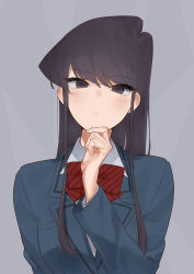 Rule 34 | 1girl, absurdres, black eyes, black hair, blazer, blue eyes, bow, bowtie, closed mouth, collared shirt, commentary request, female focus, grey shirt, hand on own chin, hand up, highres, jacket, komi-san wa komyushou desu, komi shouko, long hair, long sleeves, looking at viewer, red bow, school uniform, shirt, simple background, solo, straight hair, striped bow, striped bowtie, striped clothes, takita (takita3411), upper body, white shirt