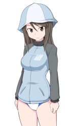 Rule 34 | 1girl, blue hat, blue jacket, brown eyes, brown hair, closed mouth, commentary, competition swimsuit, cowboy shot, emblem, girls und panzer, hat, jacket, keizoku (emblem), keizoku military uniform, light smile, long hair, long sleeves, looking at viewer, mika (girls und panzer), military, military uniform, no pants, one-piece swimsuit, raglan sleeves, solo, standing, swimsuit, swimsuit under clothes, tanaka rikimaru, track jacket, tulip hat, uniform, white background, white one-piece swimsuit