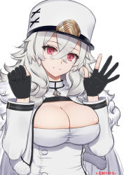 Rule 34 | 1girl, azur lane, black gloves, breasts, buttons, cleavage, clenched hand, coat, coat dress, commentary request, crossed bangs, double-breasted, dress, fur-trimmed coat, fur trim, gangut (azur lane), gloves, graf zeppelin (azur lane), hair between eyes, hands up, hat, head tilt, highres, large breasts, long hair, long sleeves, looking at viewer, military hat, mole, mole under eye, open hand, partially fingerless gloves, red eyes, sidelocks, signature, silver hair, simple background, smile, solo, tansan daisuki, taut clothes, taut dress, textless version, upper body, very long hair, white background, white coat, white dress