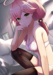 Rule 34 | 1girl, ahoge, black thighhighs, bra, breasts, cherry hair ornament, cleavage, elbow on knee, elbow rest, food-themed hair ornament, from side, green eyes, hair ornament, hairclip, hand to own mouth, highres, hololive, indoors, knee up, looking at viewer, looking to the side, low twintails, medium breasts, panties, parted lips, pink hair, pyonsan, sakura miko, sitting, solo, thighhighs, twintails, underwear, underwear only, virtual youtuber, white bra, white panties