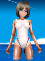 Rule 34 | 1girl, black hair, blue eyes, breasts, competition swimsuit, covered erect nipples, covered navel, cowboy shot, female focus, highres, looking at viewer, ocean, one-piece swimsuit, one-piece tan, original, outdoors, parted bangs, partially submerged, samejima minoru, short hair, small breasts, smile, solo, standing, swimsuit, tan, tanline, wading, water, wet, wet hair, white one-piece swimsuit