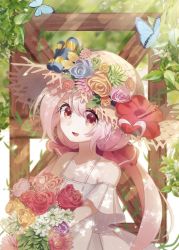 Rule 34 | 1girl, :d, ametama (runarunaruta5656), bare arms, bare shoulders, blonde hair, blush, bouquet, bug, butterfly, collarbone, dress, eyelashes, flower, hair ribbon, hat, hat flower, highres, holding, holding bouquet, holding flower, insect, long hair, looking at viewer, low twintails, off-shoulder dress, off shoulder, open mouth, original, red eyes, ribbon, smile, solo, spaghetti strap, straw hat, summer, sun hat, sundress, twintails, upper body