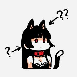 Rule 34 | 1girl, ?, ??, akairiot, animal ears, blunt bangs, breasts, cat ears, cat tail, cleavage, collar, cropped torso, expressionless, extra ears, medium breasts, no nose, original, red collar, red eyes, simple background, solo, tail, upper body, white background