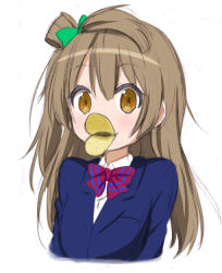 Rule 34 | 10s, 1girl, bow, bowtie, brown eyes, brown hair, chips (food), food, hair bow, long hair, looking at viewer, love live!, love live! school idol project, minami kotori, miyako hito, one side up, potato chips, pringle duck, pringles, school uniform, solo, upper body, white background