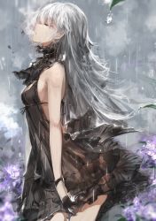 Rule 34 | 1girl, absurdres, backless outfit, bad anatomy, bad leg, breasts, dress, closed eyes, fog, gloves, highres, long hair, original, rain, saberiii, sideboob, small breasts, solo, white hair