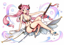 Rule 34 | 10s, 1girl, bikini, blush, breasts, cleavage, double bun, granblue fantasy, hair bun, hair over one eye, holding, holding sword, holding weapon, horns, large breasts, long hair, looking at viewer, narmaya (granblue fantasy), narmaya (summer) (granblue fantasy), open mouth, pink hair, pointy ears, rewolf, smile, solo, swimsuit, sword, teeth, twintails, weapon, white bikini