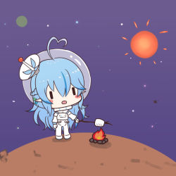 Rule 34 | 1girl, ahoge, astronaut, black eyes, blue hair, blush, campfire, chibi, elf, food, half updo, heart, holding, holding stick, hololive, long hair, looking up, marshmallow, nawate (dij), open mouth, outer wilds, pointy ears, roasting, solo, space, stick, sun, very long hair, virtual youtuber, yukihana lamy