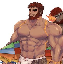 2boys abs bara bare_pectorals beard dark-skinned_male dark_skin eyebrow_cut facial_hair fishnet_legwear fishnets flaming_eye hephaestus_(housamo) large_pectorals looking_at_viewer male_focus male_swimwear multiple_boys muscular muscular_male nipples official_alternate_costume pectorals peeking_out red_eyes short_hair stomach swim_briefs talos_(housamo) thick_eyebrows tokyo_houkago_summoners tora_d umbrella undercut upper_body very_dark_skin white_male_swimwear