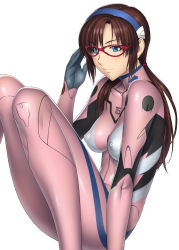 Rule 34 | 00s, 1girl, absurdres, blue eyes, breasts, brown hair, covered erect nipples, evangelion: 2.0 you can (not) advance, female focus, glasses, hairband, highres, kansuke, large breasts, long hair, looking at viewer, makinami mari illustrious, neon genesis evangelion, plugsuit, rebuild of evangelion, simple background, smile, solo, twintails, white background