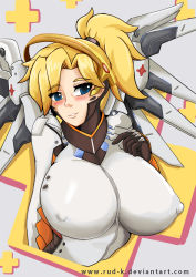 Rule 34 | 1girl, alternate breast size, blonde hair, blue eyes, blush, bodysuit, breasts, covered erect nipples, grey background, halo, head tilt, huge breasts, impossible bodysuit, impossible clothes, looking at viewer, mechanical halo, mechanical wings, mercy (overwatch), overwatch, overwatch 1, rud-k, solo, tagme, upper body, watermark, web address, wings