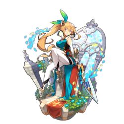 Rule 34 | bare shoulders, blonde hair, brown eyes, dragalia lost, elisanne, flower, full body, gauntlets, holding, holding weapon, long hair, looking at viewer, nintendo, non-web source, official art, petals, ponytail, saitou naoki, solo, transparent background, weapon, window