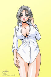 Rule 34 | 1girl, :d, artist name, blush, bottomless, breasts, cleavage, commentary, dated, dress shirt, covered erect nipples, freckles, girls und panzer, grey eyes, grey hair, hair intakes, hand in own hair, large breasts, long hair, looking at viewer, matsui yasutsugu, naked shirt, one-hour drawing challenge, open mouth, partially unbuttoned, piyotan (girls und panzer), ponytail, shirt, signature, simple background, sleeves rolled up, smile, solo, standing, white shirt