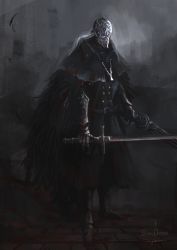 Rule 34 | 1boy, artist name, black cape, black capelet, bloodborne, bloody crow of cainhurst, cape, capelet, chikage (bloodborne), copyright name, full body, gauntlets, gradient background, grey background, grey hair, gun, helmet, highres, holding, holding gun, holding weapon, long hair, long sleeves, solo, standing, sword, tripdancer, weapon