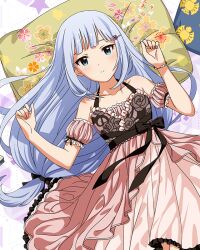 Rule 34 | 1girl, aqua eyes, bare shoulders, blue hair, blunt bangs, blush, bracelet, breasts, closed mouth, collarbone, detached sleeves, dot nose, eyelashes, floral print, frilled negligee, frills, hair ornament, hair ribbon, hairpin, halterneck, idolmaster, idolmaster million live!, idolmaster million live! theater days, jewelry, layered nightgown, light smile, looking at viewer, lying, official alternate costume, official art, on back, pillow, pink negligee, puffy detached sleeves, puffy sleeves, ribbon, ribbon-trimmed sleeves, ribbon trim, rose print, sexy beautiful (idolmaster), shiraishi tsumugi, sidelocks, small breasts, solo, straight hair