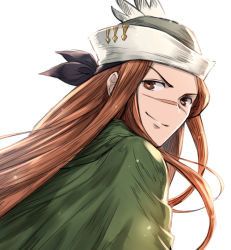 Rule 34 | 10s, 1boy, back, brown eyes, brown hair, cape, feathers, granblue fantasy, hat, highres, long hair, male focus, portrait, scar, simple background, solo, walder, white background