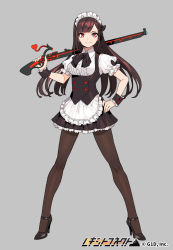 Rule 34 | 1girl, black neckwear, black pantyhose, black skirt, copyright name, full body, grey background, gun, hand on own hip, high heels, holding, holding gun, holding weapon, long hair, looking at viewer, maid, official art, over shoulder, pantyhose, pota (bluegutty), red eyes, reki connect, shoes, simple background, skirt, smile, solo, standing, watermark, weapon, wrist cuffs