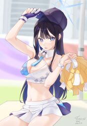 Rule 34 | 1girl, absurdres, arm up, bare arms, bare shoulders, baseball cap, black hair, blue archive, blue eyes, breasts, character name, cheerleader, cleavage, clothes writing, commentary request, crop top, gnas (gnas 0912), halo, hat, highres, large breasts, long hair, midriff, millennium cheerleader outfit (blue archive), miniskirt, navel, open mouth, pom pom (cheerleading), saori (blue archive), sitting, skirt, solo, stomach, thighs, very long hair, white skirt
