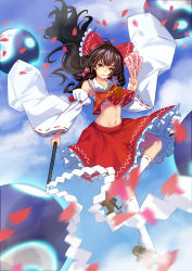 Rule 34 | 1girl, above clouds, arm ribbon, ascot, between fingers, black hair, blue sky, blurry, bow, breasts, brown eyes, brown hair, clothes lift, cloud, crop top, day, depth of field, detached sleeves, floating, frilled bow, frilled shirt collar, frills, full body, geta, glowing, gohei, gradient hair, hair bow, hair lift, hair tubes, hakurei reimu, highres, holding, knee up, kneehighs, long hair, looking at viewer, multicolored hair, navel, petals, red shirt, red skirt, ribbon, ribbon-trimmed clothes, ribbon-trimmed legwear, ribbon-trimmed sleeves, ribbon trim, sarashi, serious, shirt, shirt lift, si tong, skirt, skirt lift, sky, sleeveless, sleeveless shirt, small breasts, socks, solo, stomach, talismans, touhou, tsurime, underboob, white socks, wide sleeves, wind, yin yang