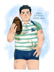 Rule 34 | 1boy, absurdres, ball, bara, blue shorts, bulge, cropped legs, daisukebear, dirty, dirty clothes, dirty face, fat, fat man, gift art, happy birthday, highres, holding, holding ball, looking at viewer, male focus, original, pectorals, rugby ball, rugby uniform, short hair, shorts, sideburns, smile, solo, sportswear, thick eyebrows, thighs, toned, toned male