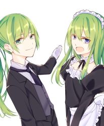 Rule 34 | 2others, androgynous, apron, choker, crossdressing, enkidu (fate), fate/grand order, fate (series), formal, gloves, green eyes, green hair, kingu (fate), long hair, maid, maid apron, maid headdress, maru (pixiv51714255), multiple others, open mouth, ponytail, purple eyes, smile, suit, trap, vest, white gloves