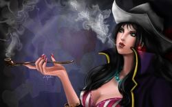 Rule 34 | 1girl, alvida (one piece), bikini, bikini top only, black hair, breasts, cleavage, cowboy hat, earrings, female focus, green eyes, hat, jacket, jewelry, jolly roger, necklace, one piece, pirate, smoke, smoking, smoking pipe, solo, striped bikini, striped clothes, swimsuit, white hat