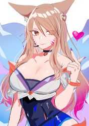 Rule 34 | 1girl, absurdres, ahri (league of legends), animal ears, bare shoulders, black choker, black leotard, blonde hair, breasts, brown eyes, choker, cleavage, collarbone, covered navel, fox ears, fox girl, fox tail, headset, heart, highres, k/da (league of legends), k/da ahri, league of legends, leotard, medium breasts, multiple tails, nail polish, off-shoulder shirt, off shoulder, official alternate costume, pink nails, shirasu uni, shirt, sketch, solo, tail, white shirt