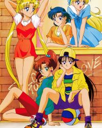 Rule 34 | 1990s (style), 5girls, aino minako, arms behind head, arms up, backwards hat, ball, baseball cap, basketball, basketball (object), bike shorts, bishoujo senshi sailor moon, black eyes, black hair, blonde hair, blue eyes, blue hair, brick wall, brown hair, casual, double bun, dress, earrings, green eyes, hair bobbles, hair bun, hair ornament, hat, head rest, high ponytail, highres, hino rei, jacket, jewelry, kino makoto, knee up, long hair, mizuno ami, multicolored shirt, multiple girls, non-web source, official art, on ball, open clothes, open jacket, open mouth, parted lips, retro artstyle, shirt, shoes, short hair, short sleeves, shorts, sitting, smile, sneakers, standing, striped clothes, striped shirt, stud earrings, toei animation, tsukino usagi, twintails, very long hair, windowsill, yellow jacket