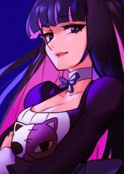 Rule 34 | 1girl, blue background, bow, bowtie, breasts, choker, cleavage, colored inner hair, colored sclera, dress, highres, juliet sleeves, long hair, long sleeves, looking at viewer, medium breasts, multicolored hair, panty &amp; stocking with garterbelt, puffy sleeves, purple choker, purple dress, purple eyes, purple hair, purple sclera, simple background, smile, solo, stocking (psg), vergil mon