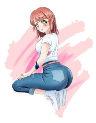 Rule 34 | 1girl, absurdres, ass, belt, blush, breasts, danzfloor, denim, from side, hand on own knee, highres, jeans, looking at viewer, looking back, love live!, love live! nijigasaki high school idol club, medium breasts, medium hair, paint splatter, pants, pants rolled up, red hair, shirt, shoes, short sleeves, simple background, sneakers, solo, squatting, tiptoes, tongue, tongue out, uehara ayumu, white footwear, white shirt, yellow eyes