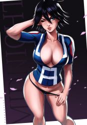 Rule 34 | 10s, 1girl, aged down, arm behind head, arm up, artist name, black hair, black panties, blue eyes, blush, boku no hero academia, breasts, character name, cherry blossoms, cleavage, collarbone, commentary, dandon fuga, english commentary, facing viewer, hair between eyes, hand in own hair, hand up, happy, jacket, large breasts, looking to the side, midnight (boku no hero academia), mole, mole under eye, naughty face, no bra, no pants, one eye closed, open clothes, open mouth, open shirt, panties, panty pull, parted lips, partially open shirt, partially unzipped, school uniform, seductive smile, short hair, short sleeves, smile, solo, spiked hair, standing, teeth, u.a. school uniform, underwear, undressing, wink
